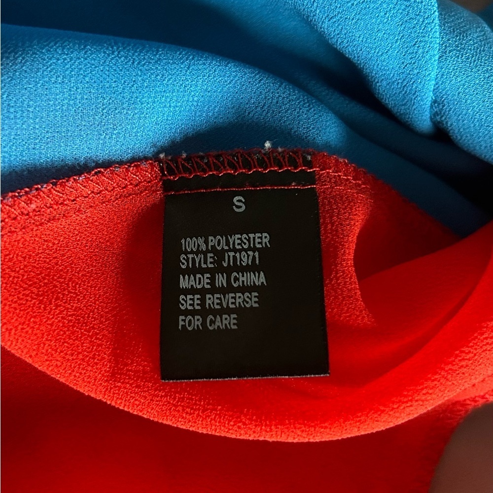 Jealous tomato Sheer Colorblock Button-Up Blouse Red Blue Gray Retro Office Top - Picture 14 of 15